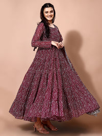 KALINI Bandhani Printed Tiered Anarkali Georgette Kurta With Trouser & Dupatta