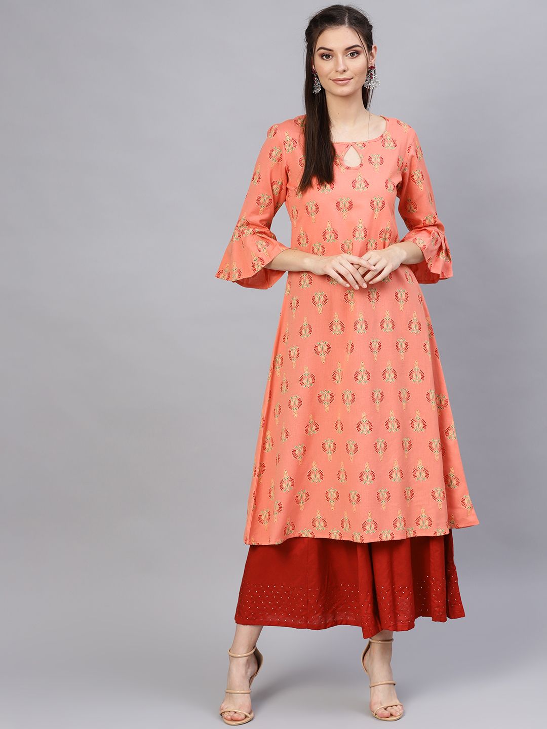 SOJANYA Women Orange & Red Printed A-Line Kurta
