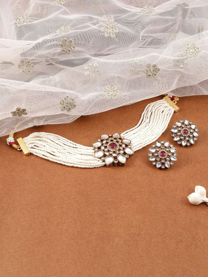 Rubans 22K Gold-Plated Kundan & Ruby Studded Multi-Strand Pearl Beaded Choker Necklace Set