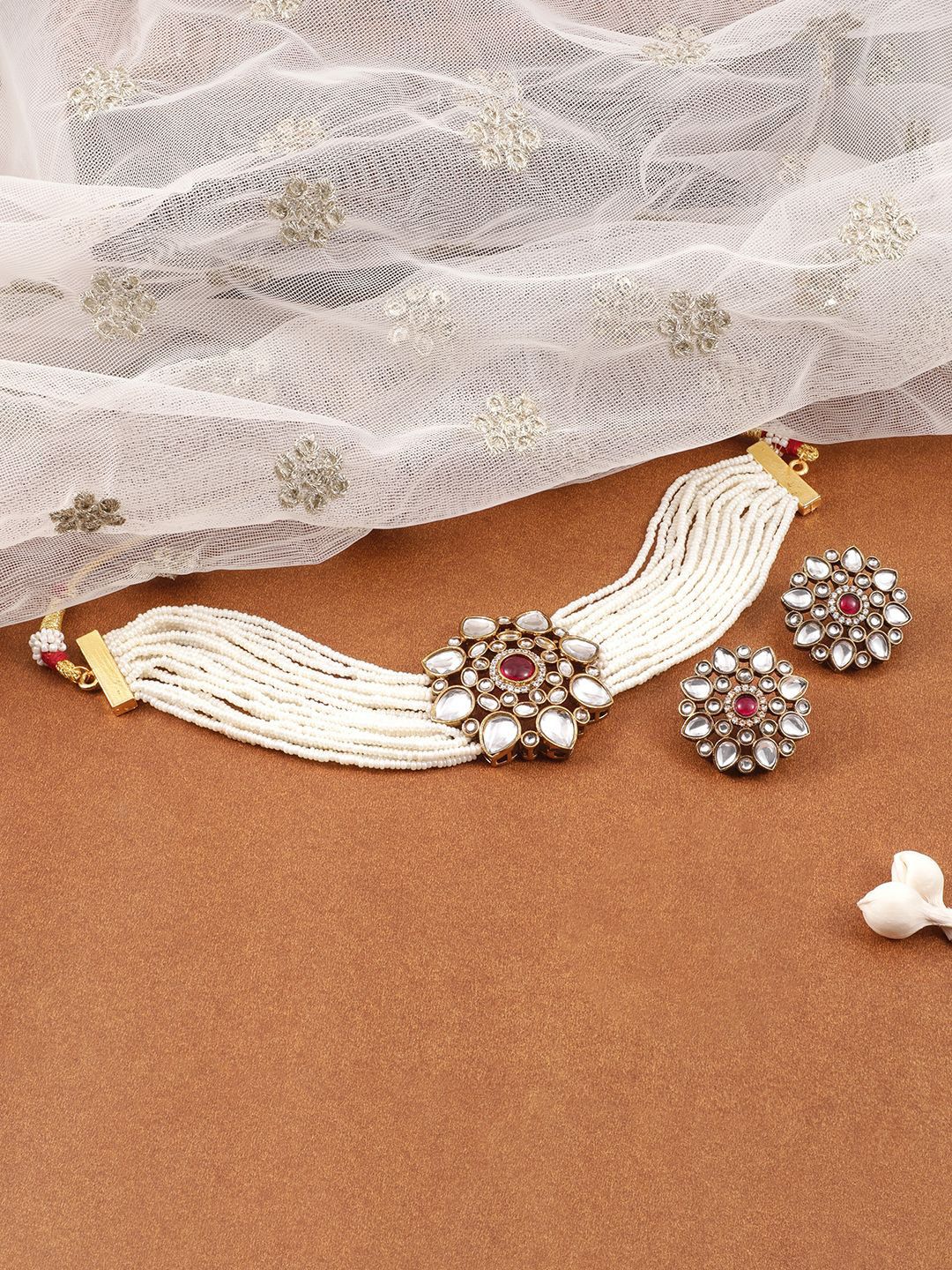 Rubans 22K Gold-Plated Kundan & Ruby Studded Multi-Strand Pearl Beaded Choker Necklace Set