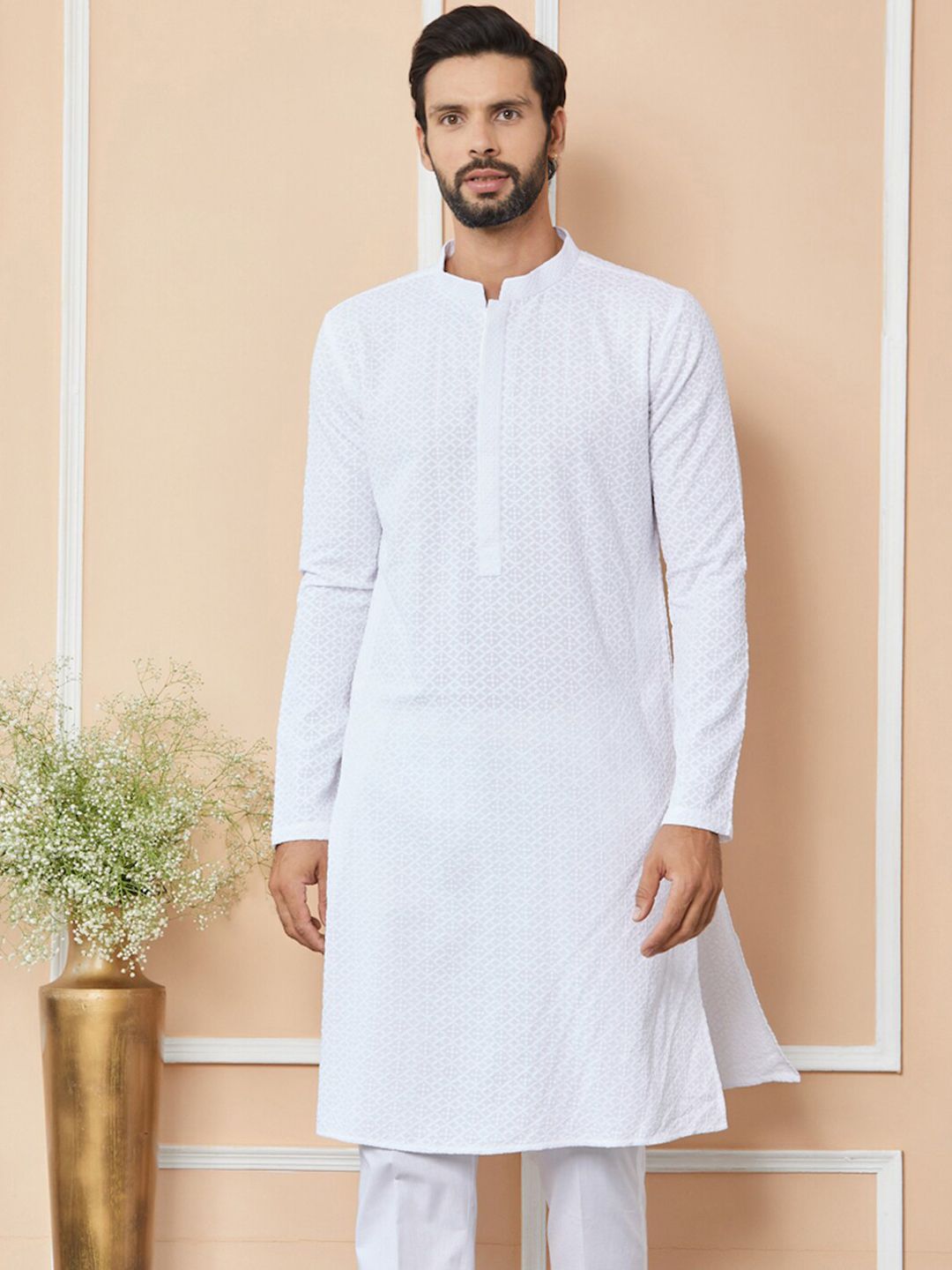 See Designs Mandarin Collar Long Sleeves Geometric Thread Work Pure Cotton Straight Kurta