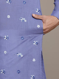 House of Pataudi Floral Embroidered Band Collar Pure Cotton Jashn Kurta