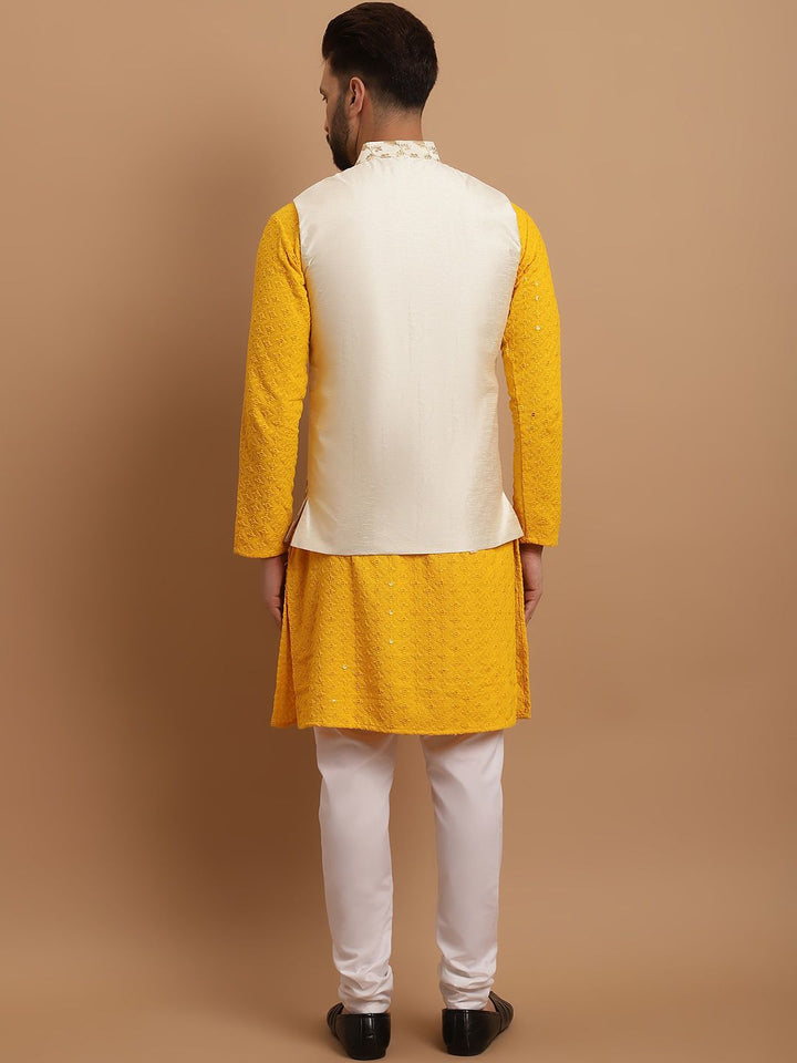 SOJANYA Etnik Sulam Labuci Kapas Tulen Kurta & Churidar Dengan Jaket Nehru