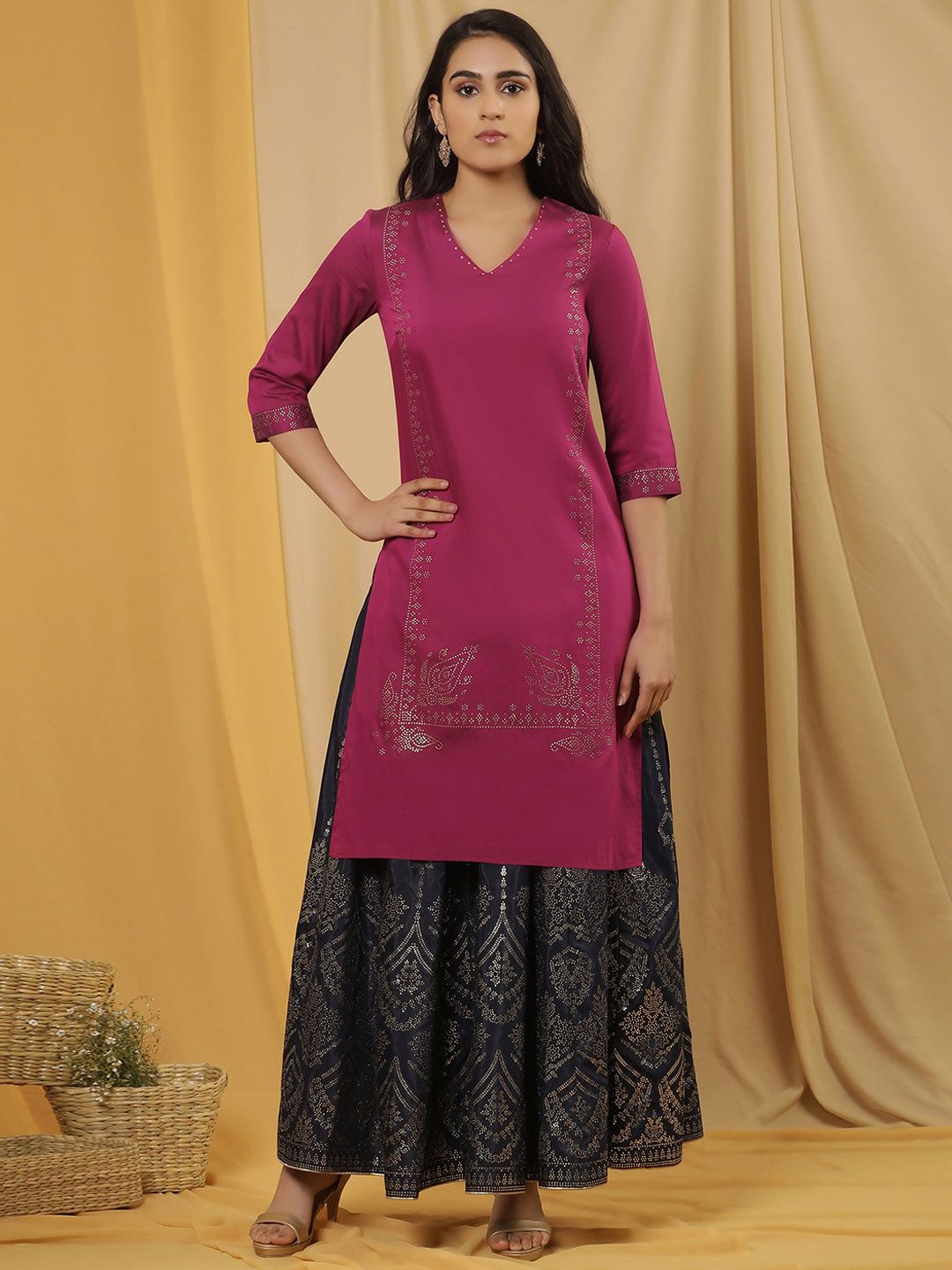 W Geometric Printed Regular Beads and Stones Kurta with Skirt