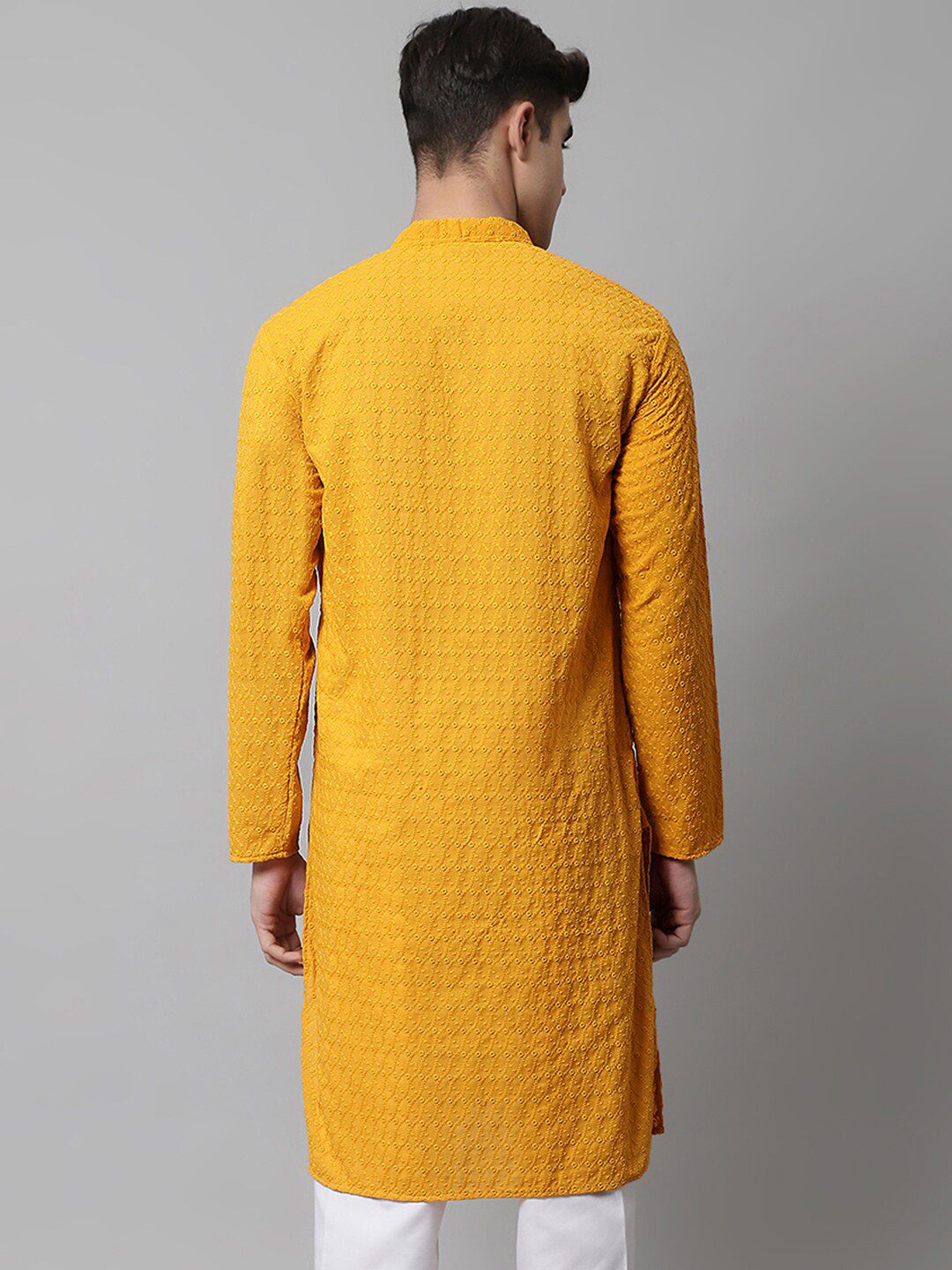 Jompers Men Mustard Ethnic Motifs Embroidered Thread Work Cotton Kurta
