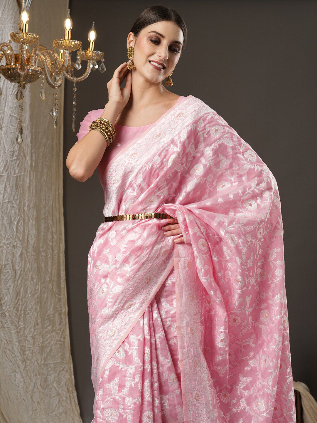 Saree mall Pink Woven Design Silk Cotton Banarasi Sarees