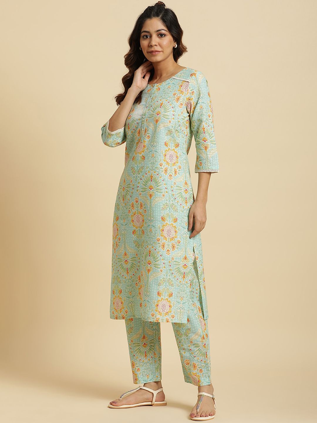 W Floral Printed Regular Pure Cotton Kurta With Trousers & Dupatta