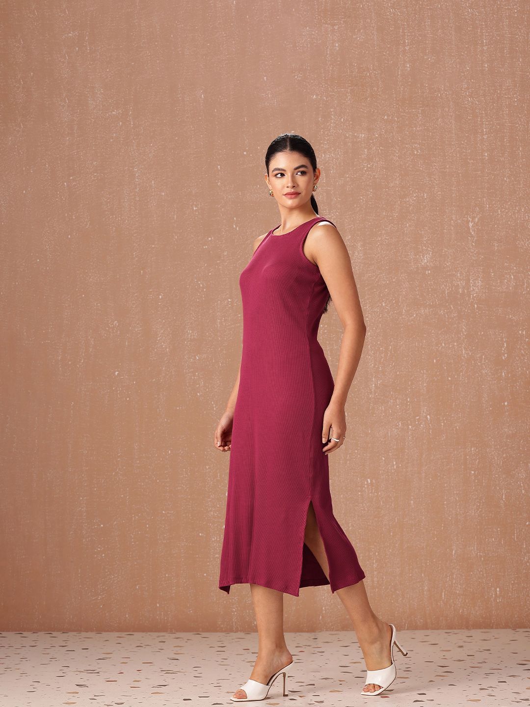 all about you Pure Cotton Ribbed Sleeveless Side Slits Sheath Midi Dress