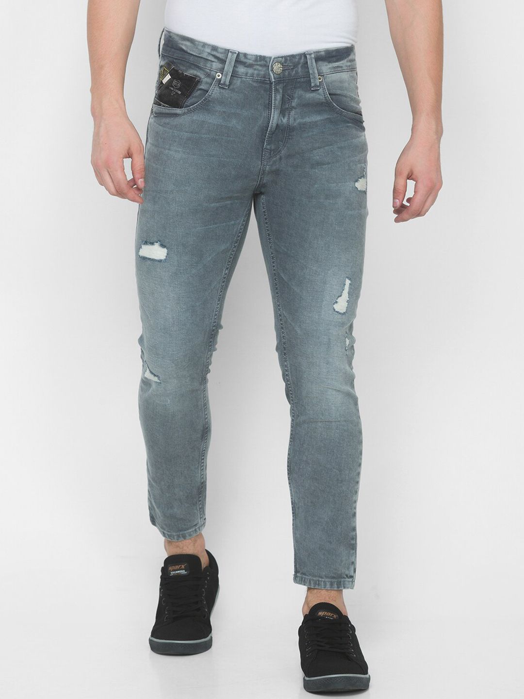 SPYKAR Men Grey Slim Fit Highly Distressed Light Fade Jeans