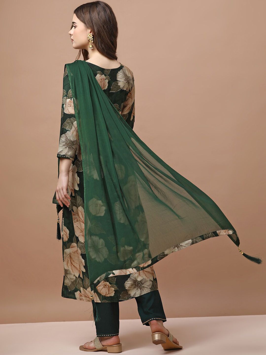 KALINI Floral Printed Empire Sequinned Kurta With Trousers & Dupatta