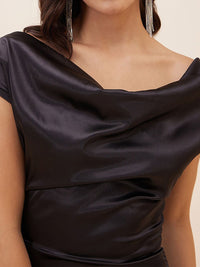 Antheaa Cowl Neck Extended Sleeves Gathered Satin Sheath Dress