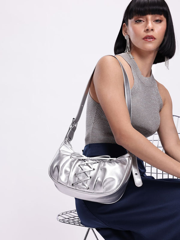 DressBerry Textured Half Moon Shoulder Bag with Bow Detail