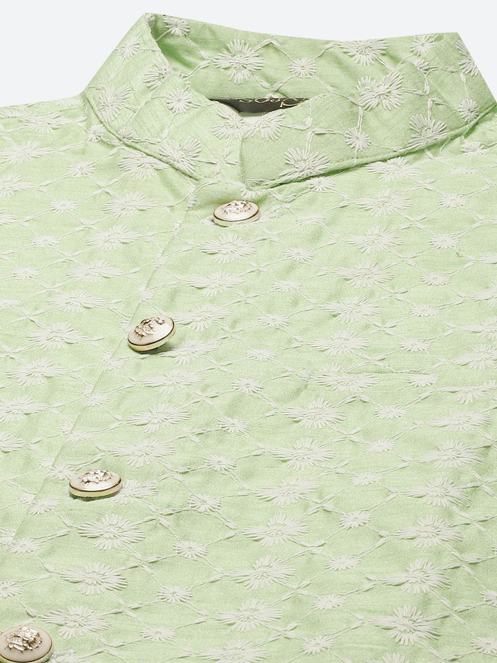 SOJANYA Set Kurta Sulam Bunga Hijau & Putih Lelaki & Jaket Nehru