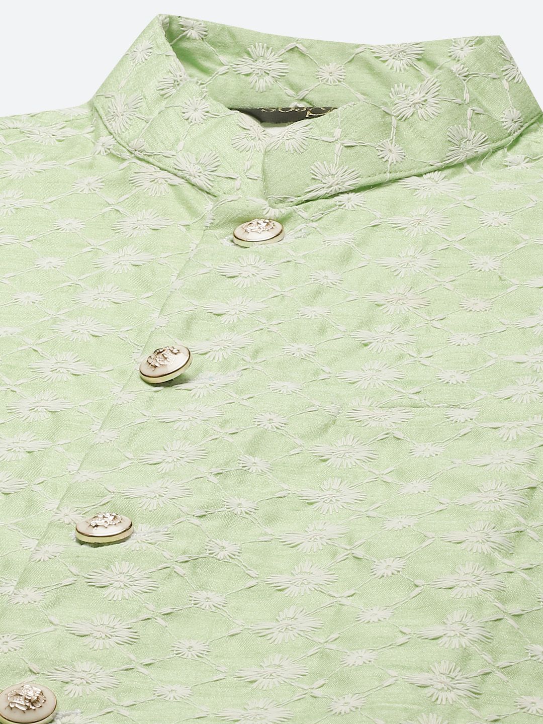 SOJANYA Set Kurta Sulam Bunga Hijau & Putih Lelaki & Jaket Nehru