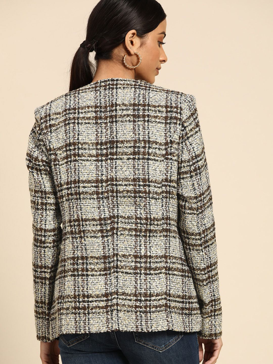 all about you Women Brown White Checked Open Front Jacket