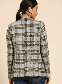 all about you Women Brown White Checked Open Front Jacket