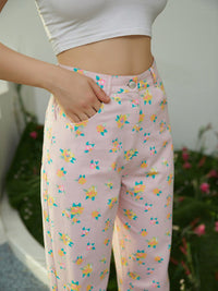 Berrylush Women Pink Floral Printed Relaxed Straight Leg Straight Fit High-Rise Trousers