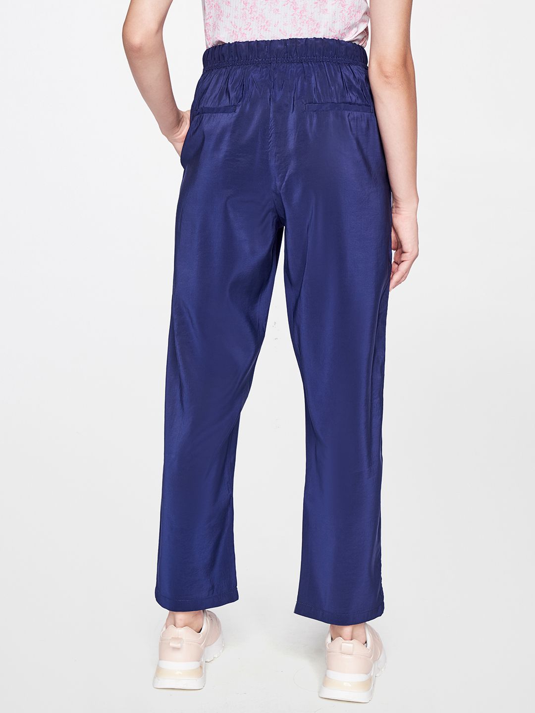 AND Women Navy Blue Straight Fit Pleated Trousers