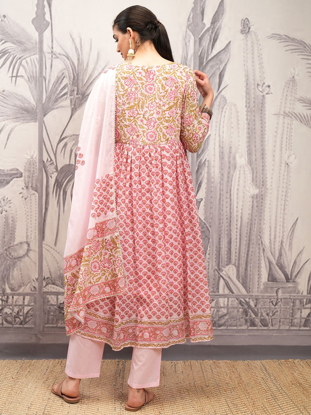 Vishudh Pink V Neck Floral Printed Regular Pure Cotton Anarkali Kurta Set