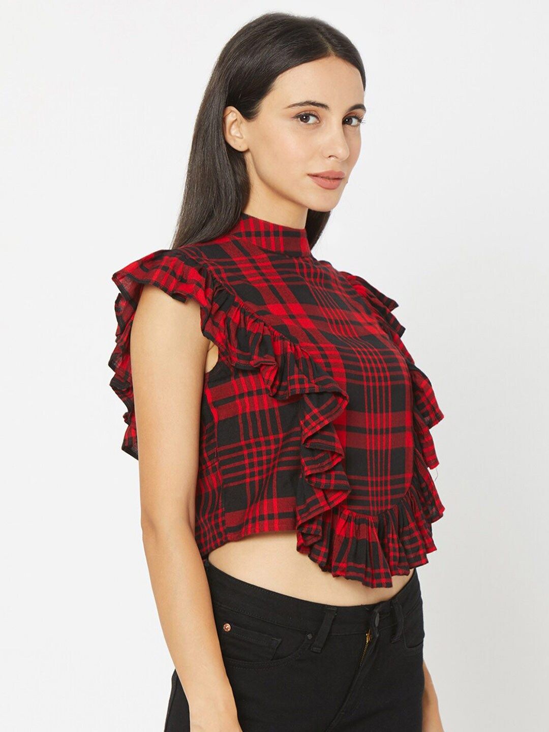 SPYKAR Red Checked Styled Back Crop Top