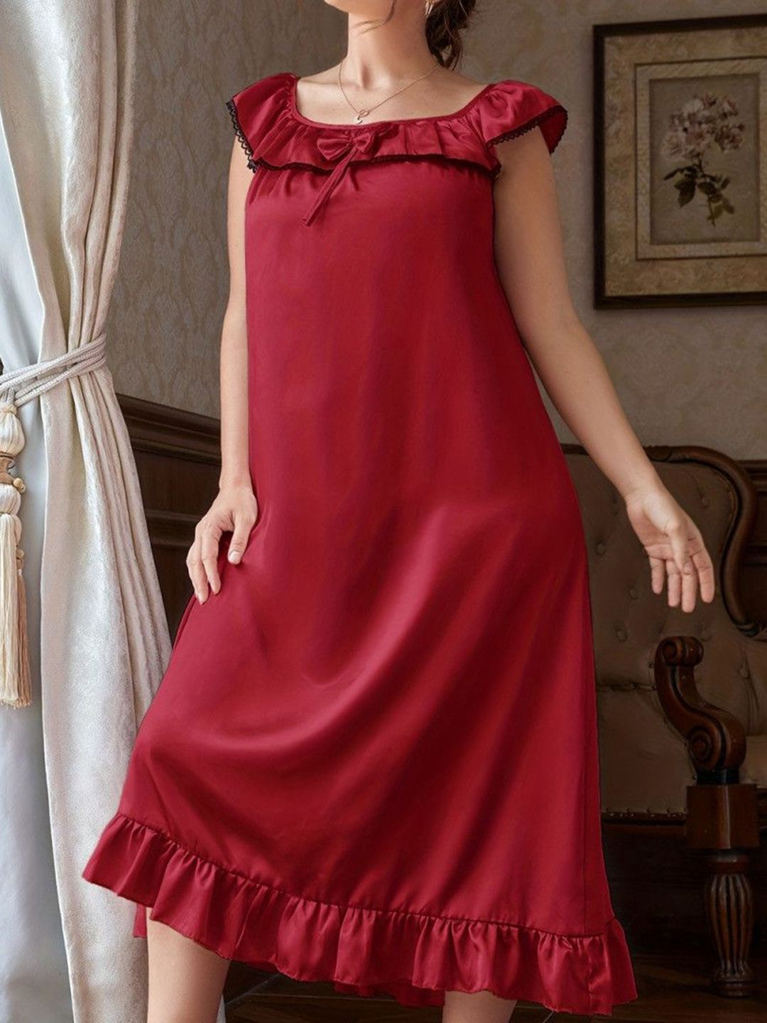 DressBerry Round Neck Bow Detail Sleeveless Frill Maxi Nightdress
