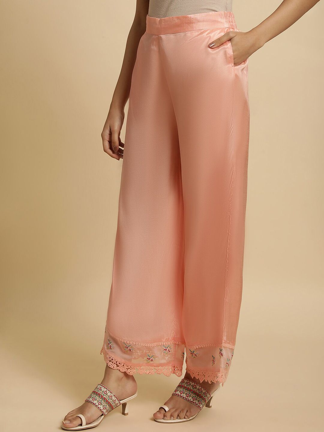 W Women Floral Embroidered Wide Leg Trousers