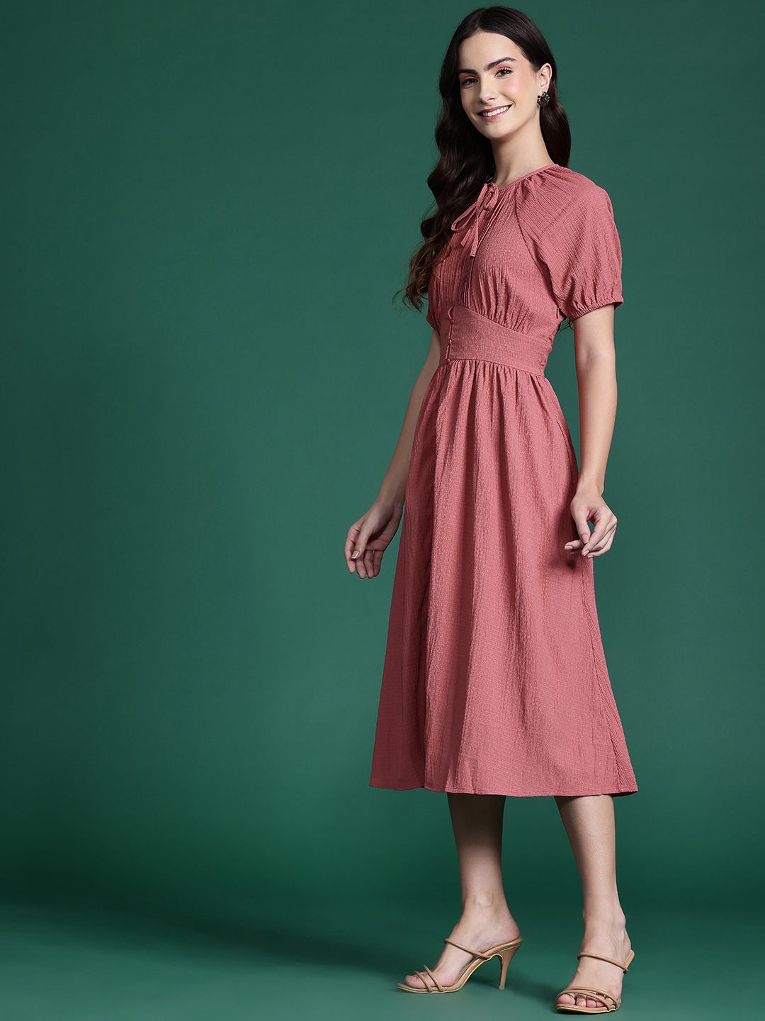 DressBerry Tie-Up Neck Textured Gathered Detail A-Line Midi Dress