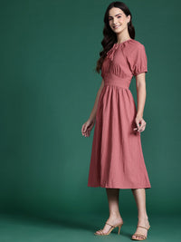 DressBerry Tie-Up Neck Textured Gathered Detail A-Line Midi Dress