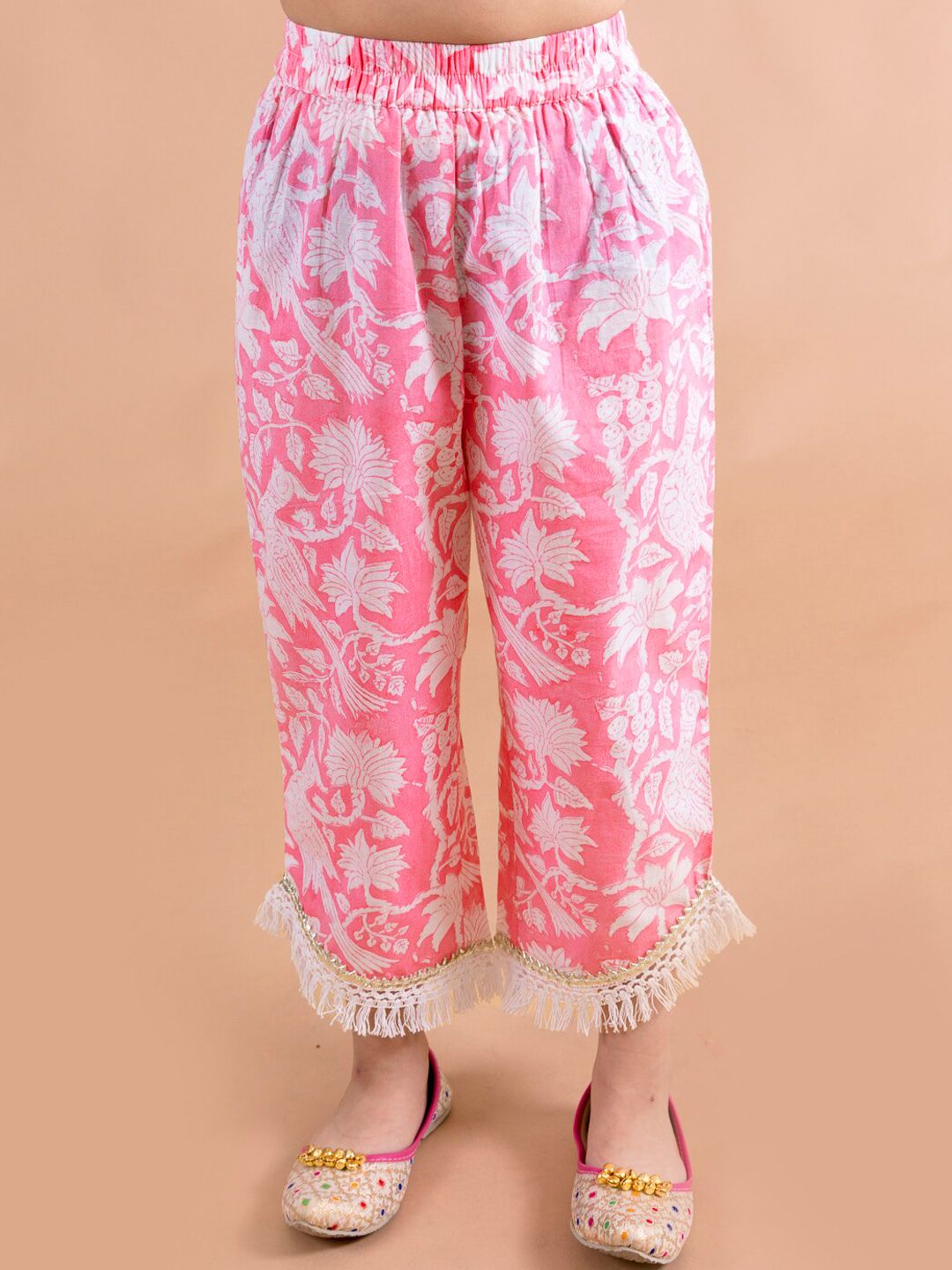 pspeaches Girls Pink Floral Printed Pleated Pure Cotton Kurta with Trousers & With Dupatta