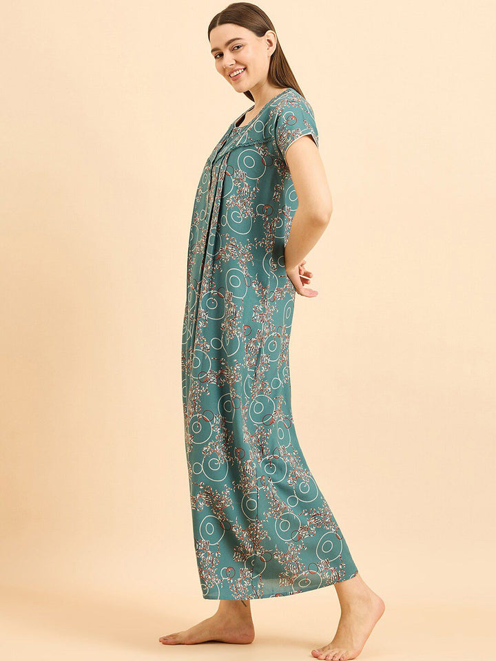 Sweet Dreams Green Pure Cotton Printed Maxi Nightdress