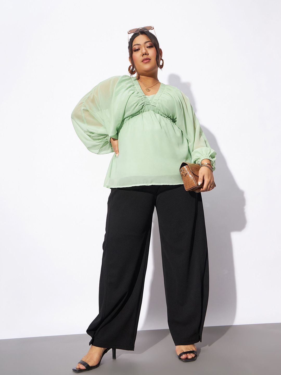 SASSAFRAS Curve Plus Size V-neck Batwing Sleeves Georgette Peplum Top