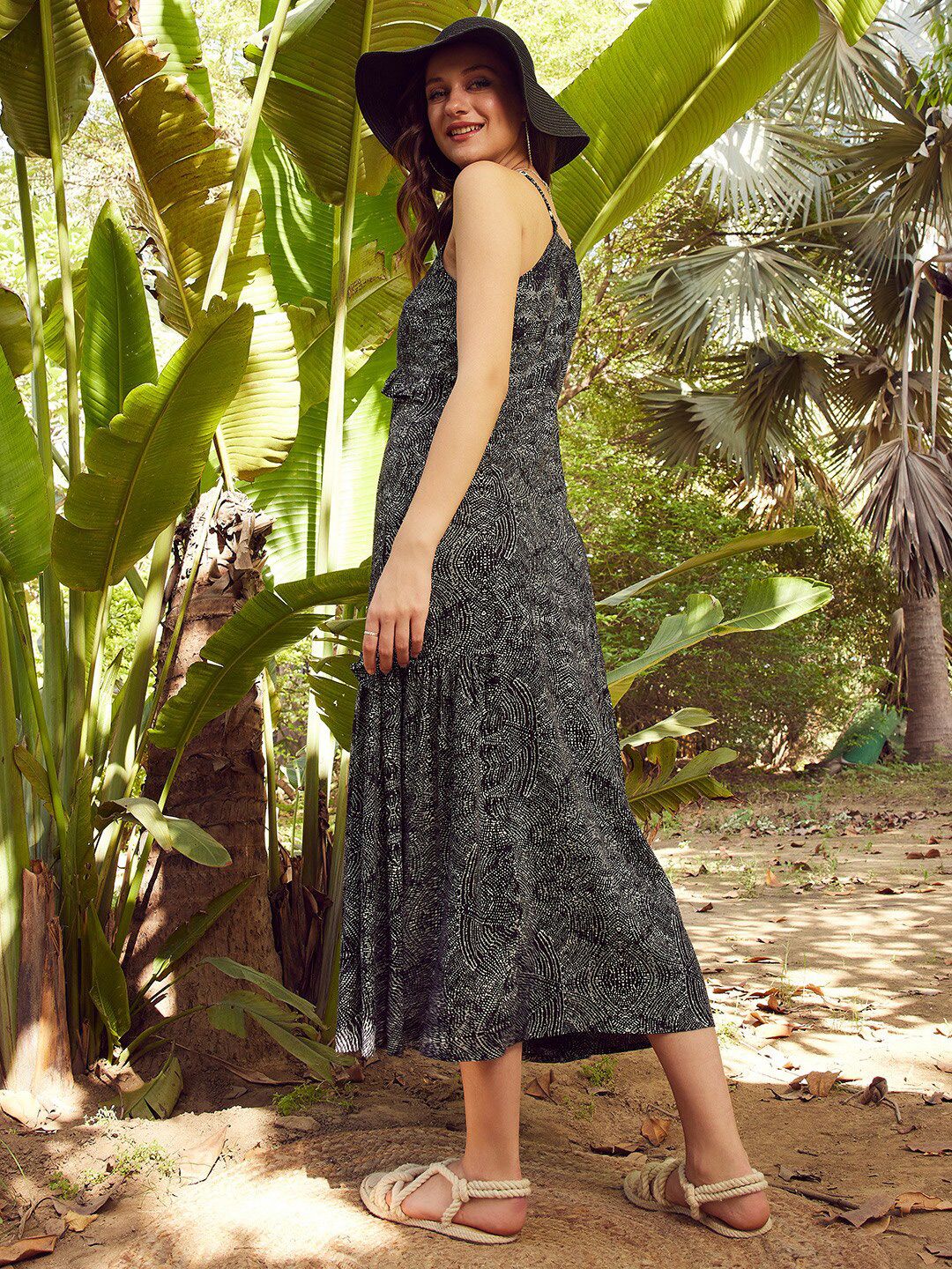 STREET 9 Black & White Printed A-Line Midi Dress