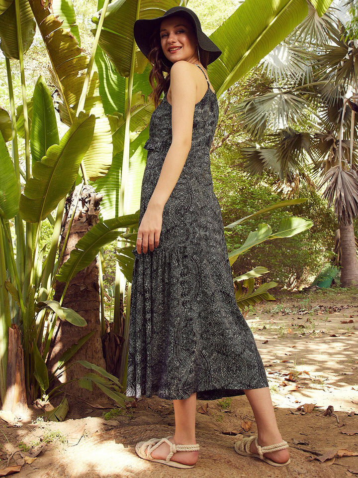 STREET 9 Black & White Printed A-Line Midi Dress