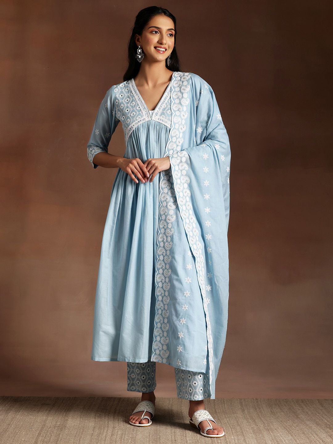 Libas Blue Paisley Embroidered V-Neck Flared Thread Work Pure Cotton A-Line Kurta Set