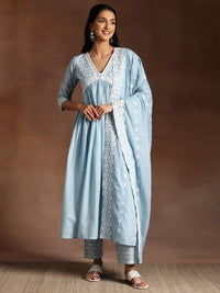 Libas Blue Paisley Embroidered V-Neck Flared Thread Work Pure Cotton A-Line Kurta Set