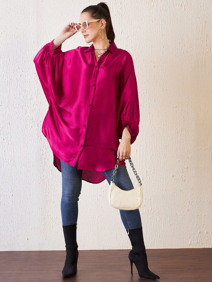 Antheaa Pink Comfort Fit Kimono Sleeves Longline Satin Shirt