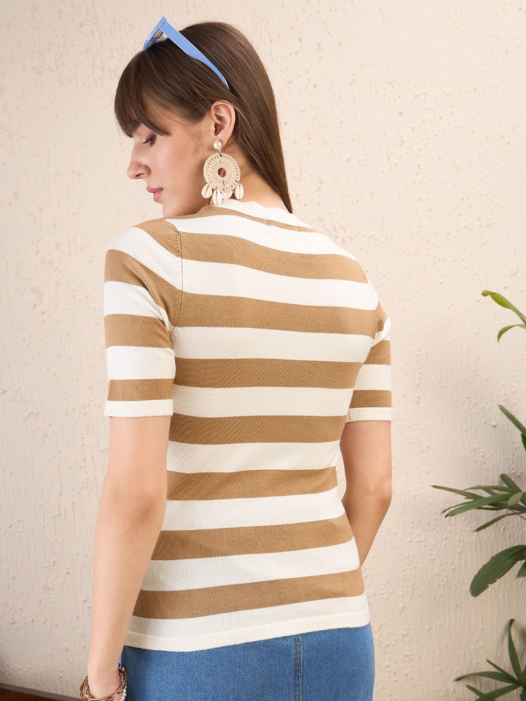 SASSAFRAS Striped Round Neck Crochet Crop Top