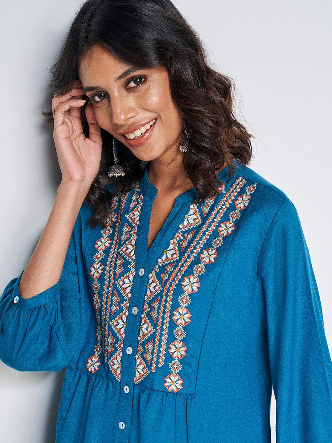 Global Desi Geometric Embroidered Mandarin Collar Cuffed Sleeves Shirt Style Top