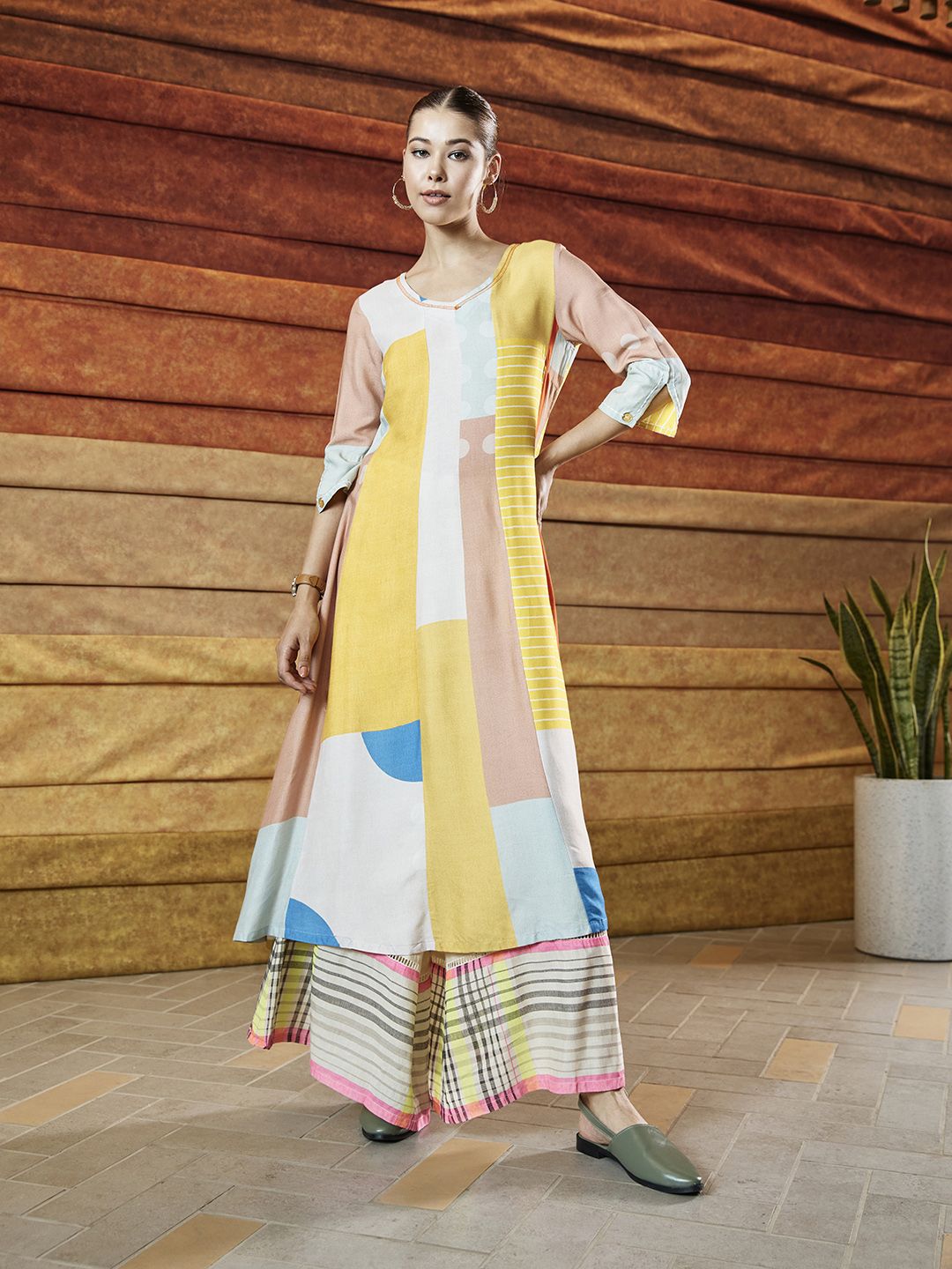W White & Yellow Forestry Printed A-Line Dress