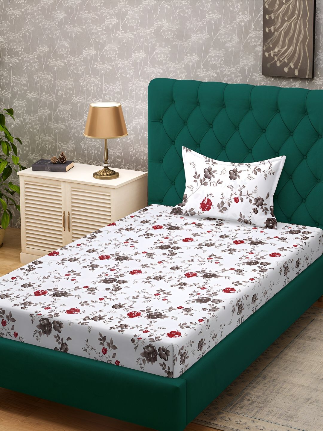 KLOTTHE  White & Brown Floral Printed 300 TC Single Bedsheet & Pillow Cover