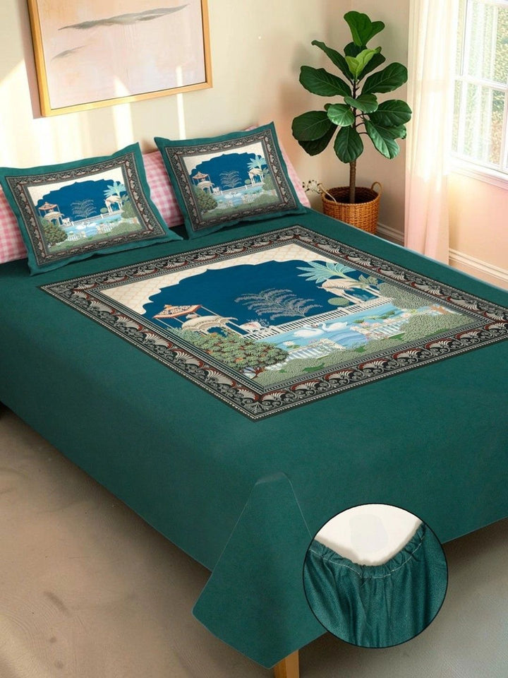 Moda Rapido X KLOTTHE Green & Blue Ethnic Motifs 400 TC King Bedsheet with 2 Pillow Covers
