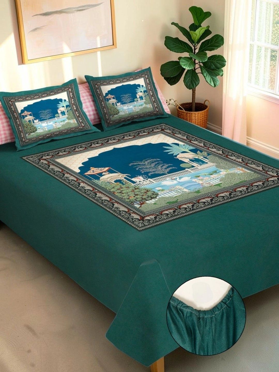 Moda Rapido X KLOTTHE Green & Blue Ethnic Motifs 400 TC King Bedsheet with 2 Pillow Covers