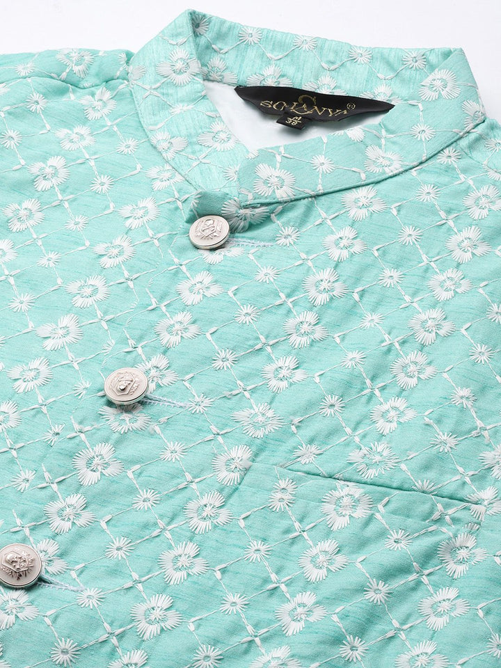 SOJANYA Men Blue Ethnic Motifs Embroidered Thread Work Kurta with Churidar
