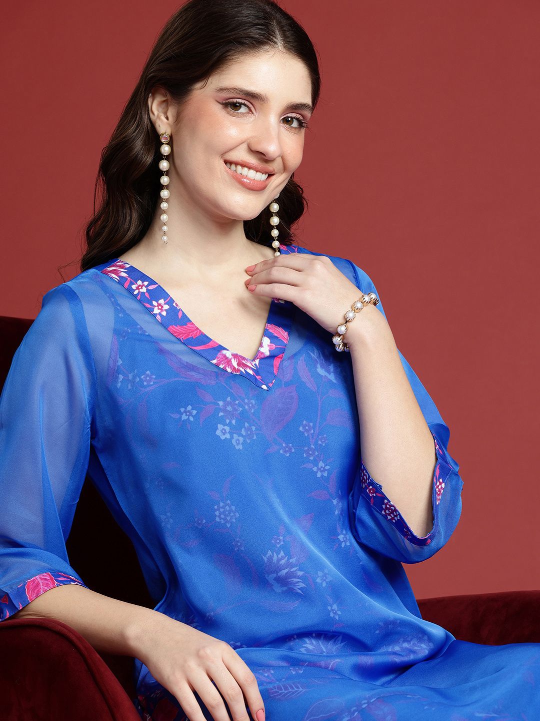 Anouk Floral Printed Layered Kurta with Palazzos