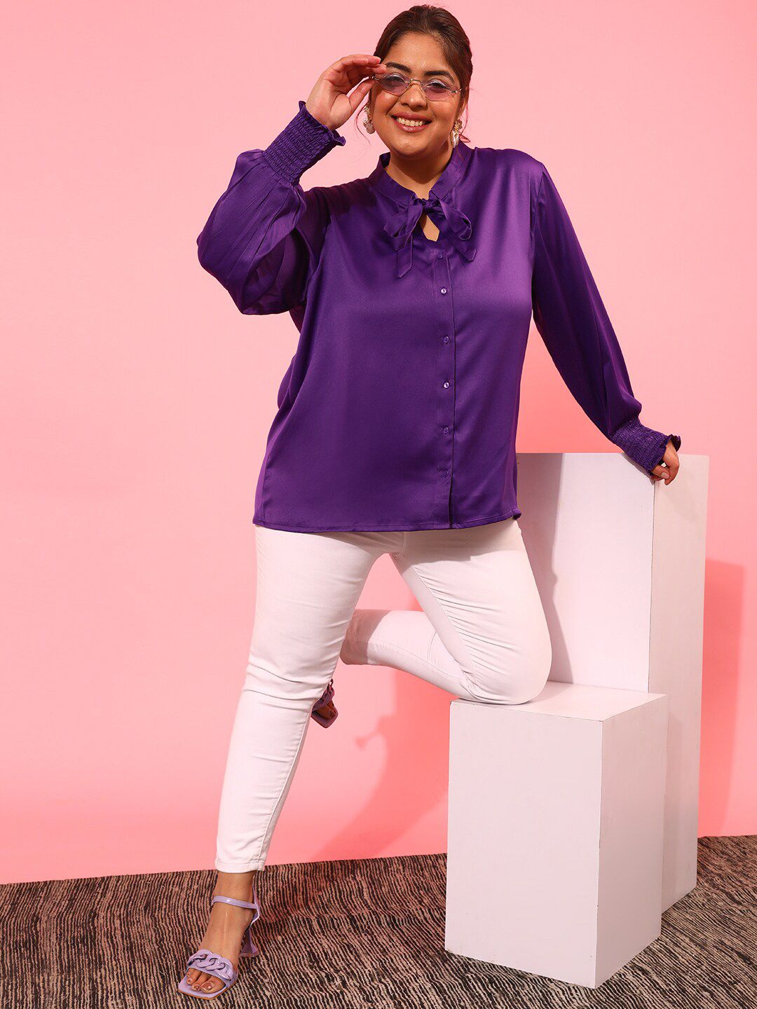 CURVY STREET Plus Size Tie-Up Neck Casual Shirt