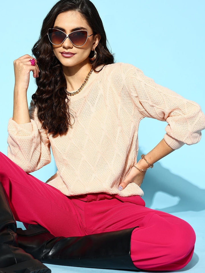 Berrylush Women Beige Geometric Knits Bits Sweater