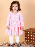 VASTRAMAY Girls Pink Ethnic Motifs Embroidered Empire Thread Work Pure Cotton Kurta with Trousers