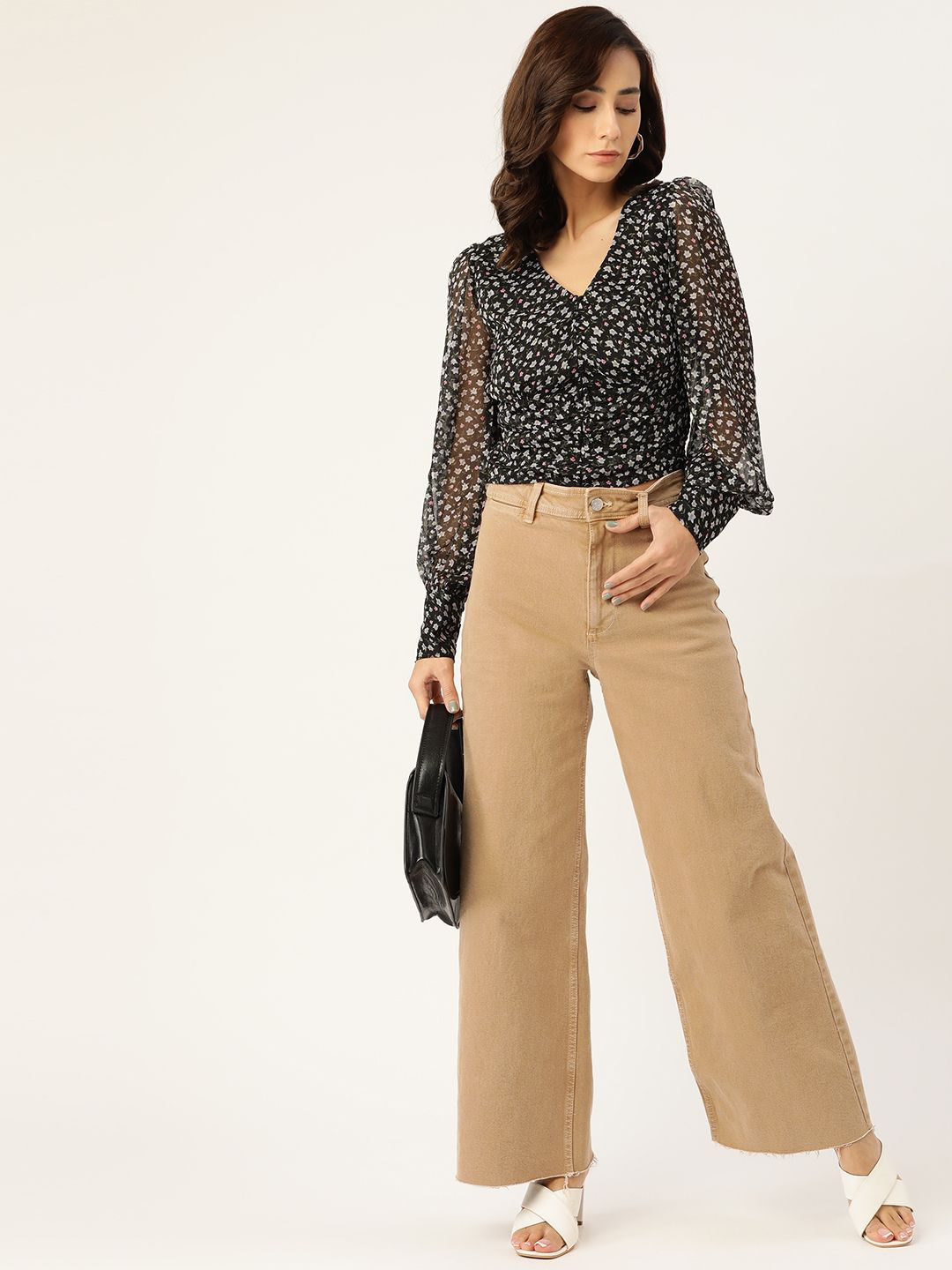 Antheaa Black & White Floral Printed Monochrome Chiffon Top