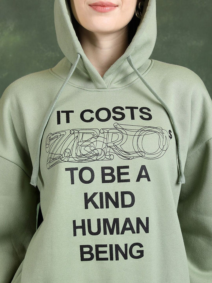 Tokyo Talkies Green Typography Printed Hooded Sweatshirt