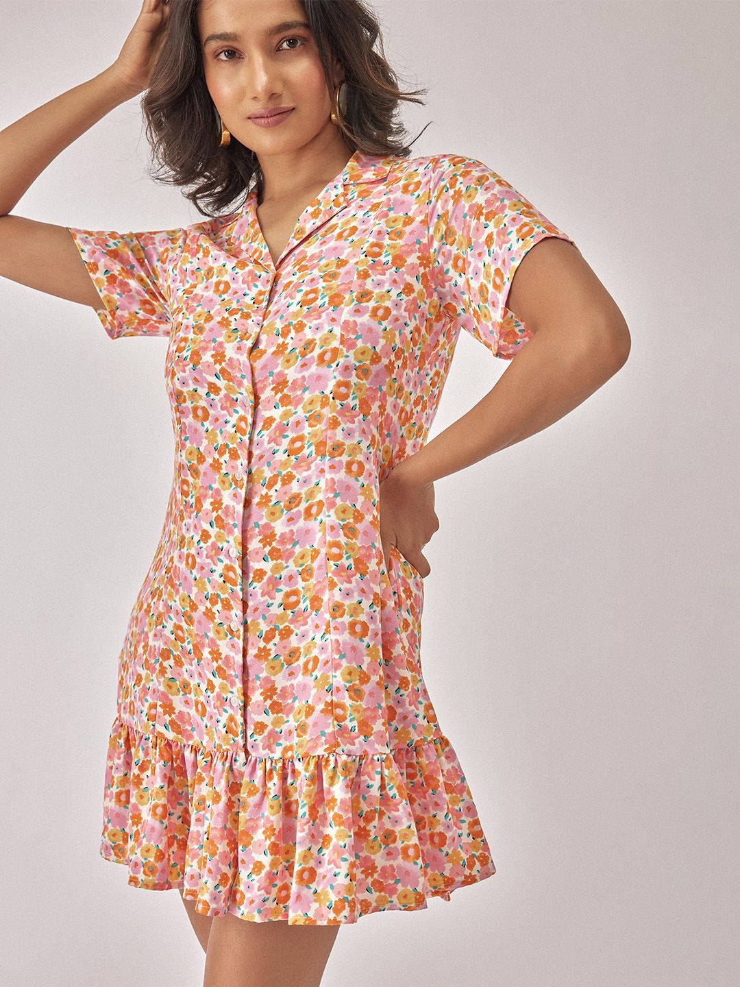 The Label Life Floral Printed Cuban Collar Gathered Drop-Waist Dress